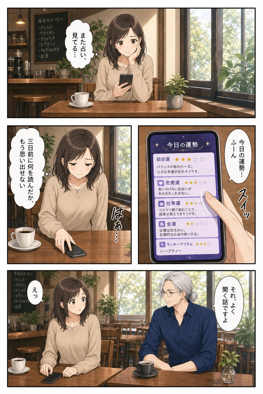 占いアプリをスワイプしては忘れるミナに、隣の常連ソラが声をかける